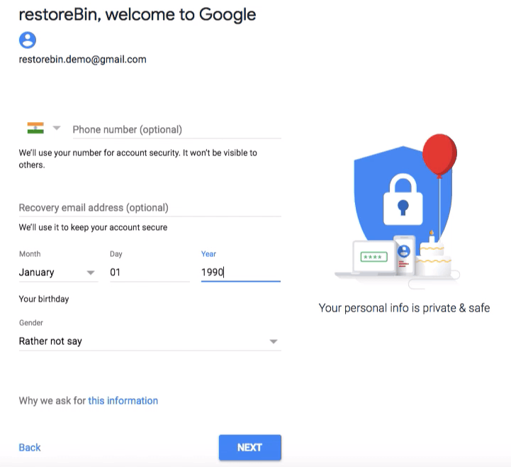 Compte Google - formulaire de récupération téléphone, adresse e-mail, date de naissance et sexe