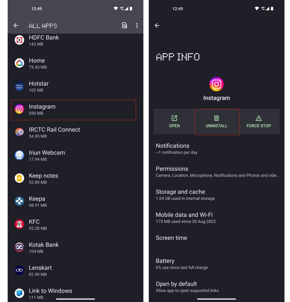 Uninstall Instagram - Instagram Black Screen Issue