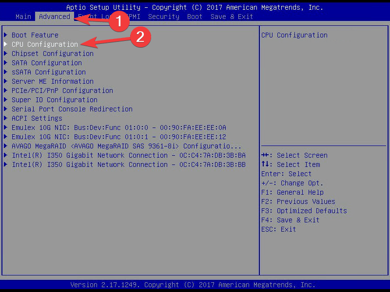 Configurações de configuração da CPU