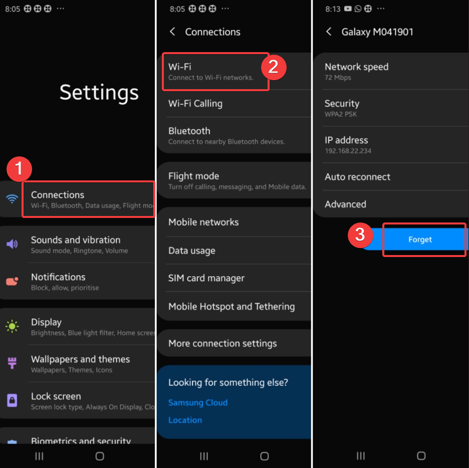 Configuración, Conexiones, WiFi, Olvidar
