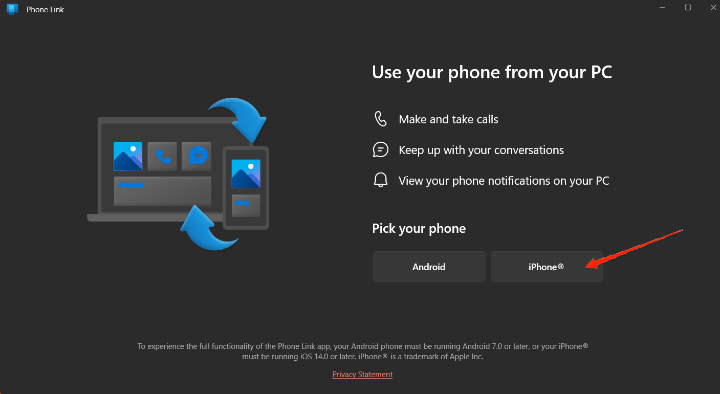 Klicken Sie auf 'iPhone', um Ihr Windows-Gerät mit Ihrem iPhone zu verbinden