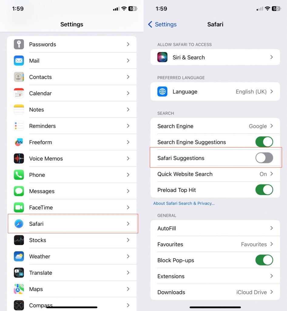 Disattiva le suggerimenti di Safari - Rimuovi i siti visitati di frequente su iPhone