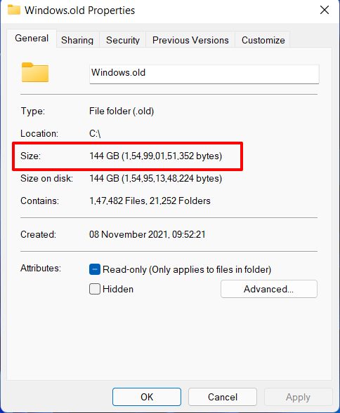 dimensione del file windows.old