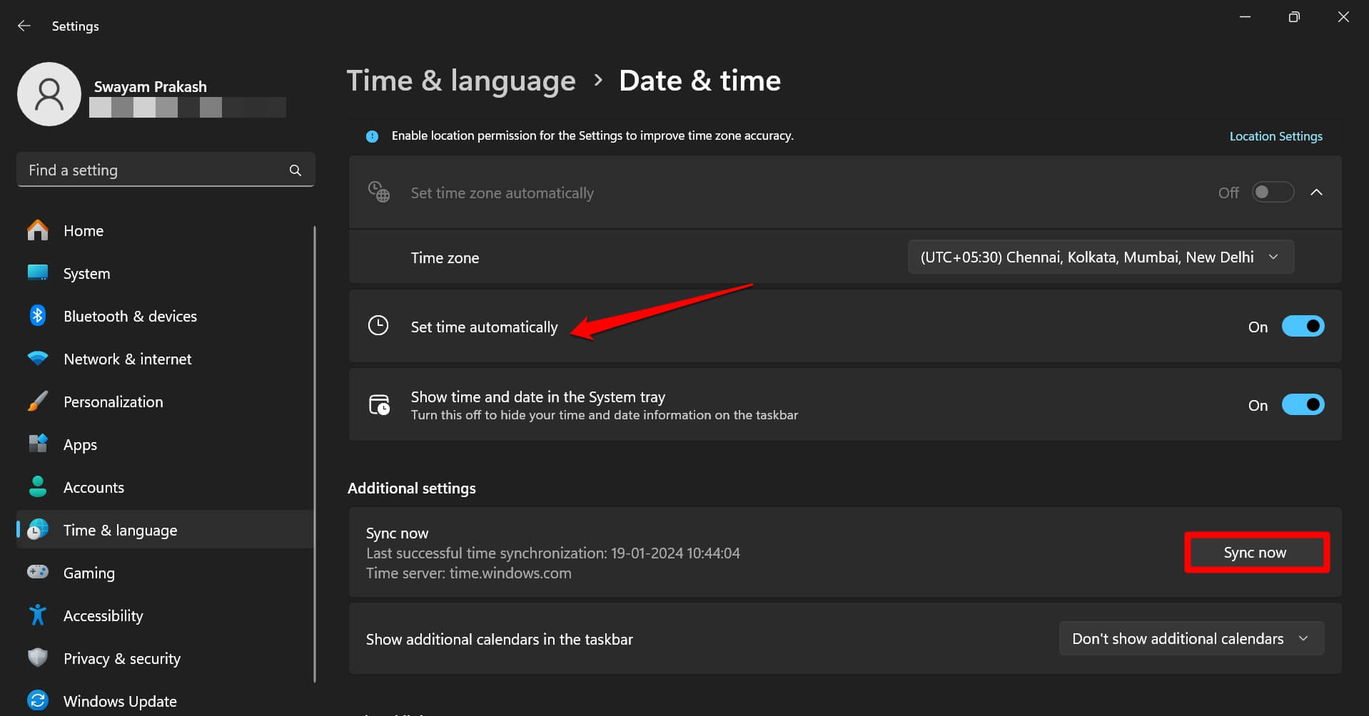 Windows 11で自動時間を有効にし、時間を同期する