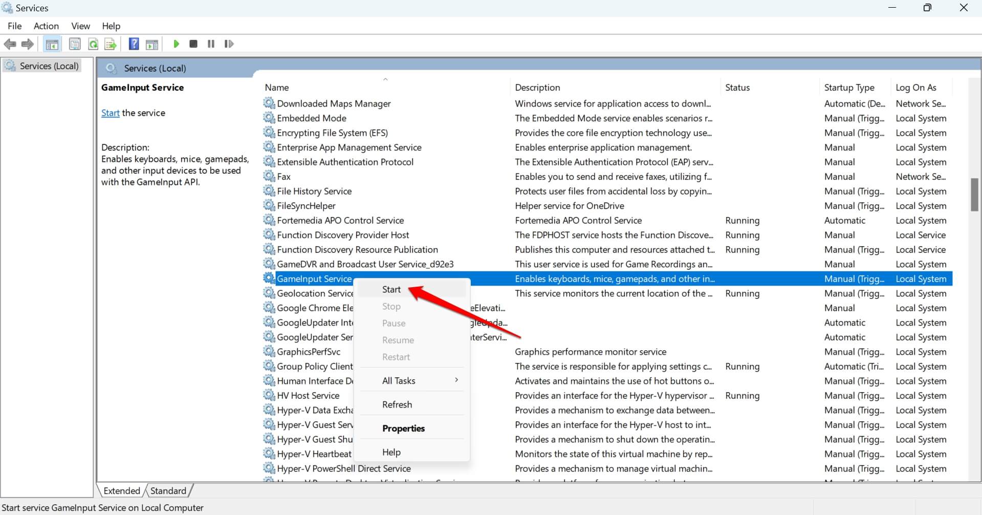 riavvia il servizio GameInput su Windows 11