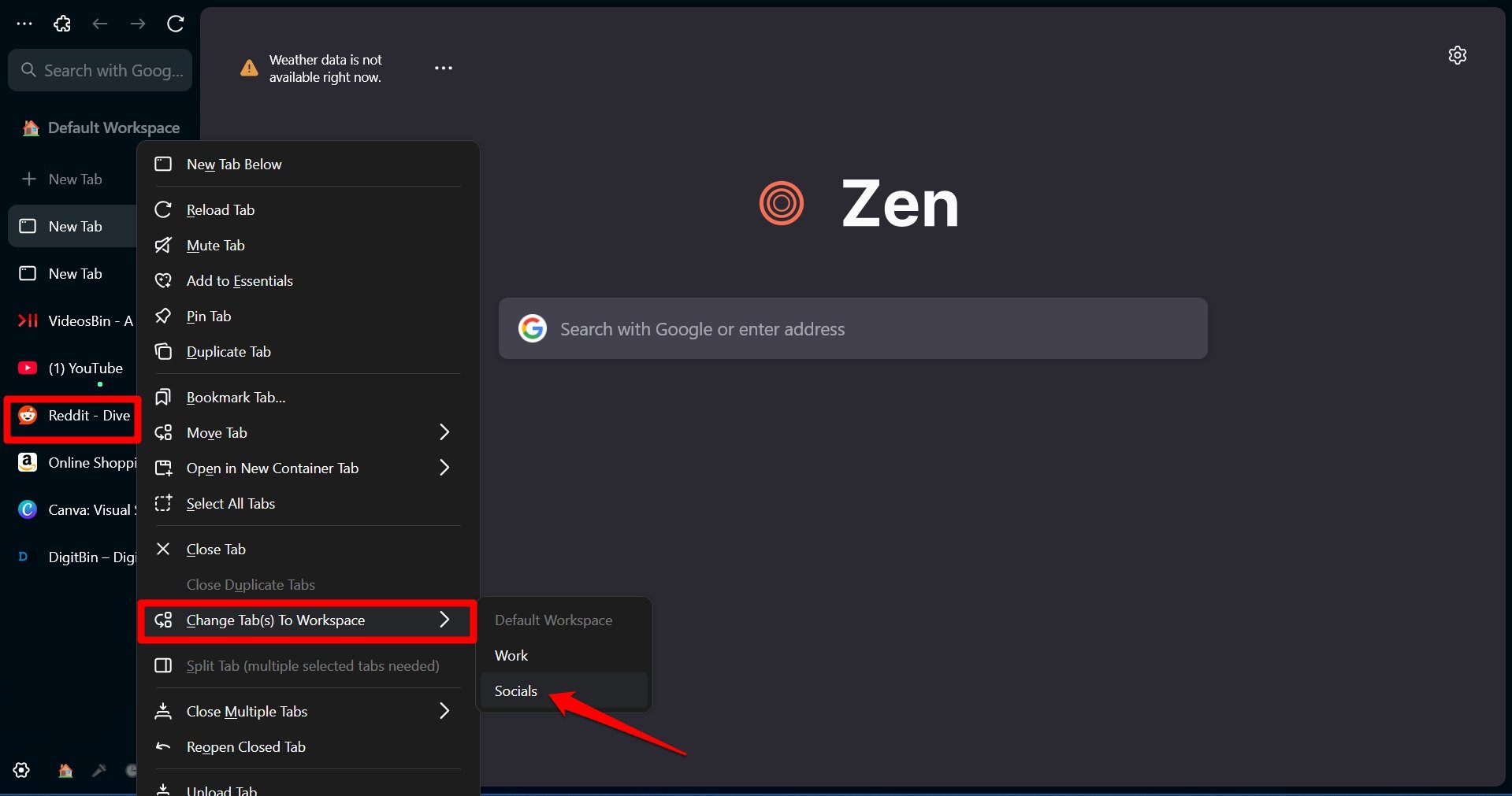 Tab in den zweiten Arbeitsbereich ändern