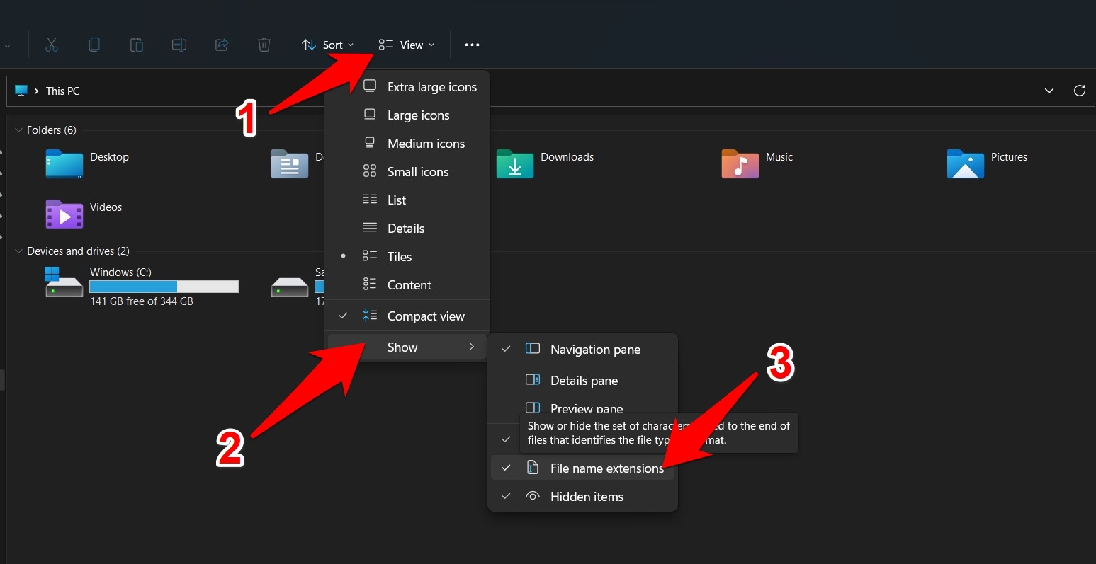 visualizza estensioni dei file tramite menu Layout e Visualizzazione windows 11