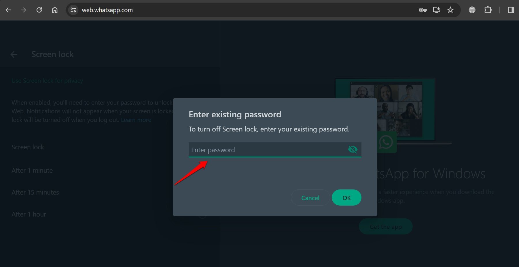 inserisci password esistente per rimuovere il blocco schermo di whatsapp web