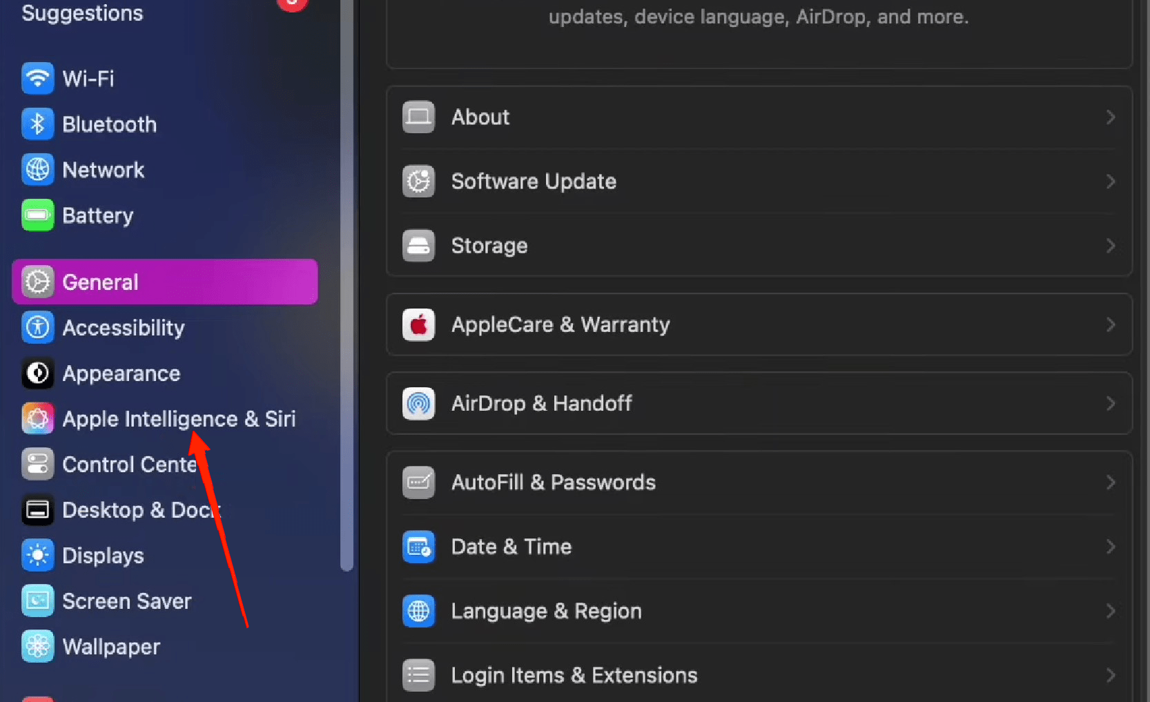 Теперь на левой панели перейдите в Apple Intelligence и Siri.