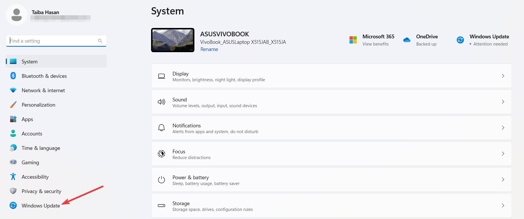 왼쪽 패널에서 Windows 업데이트 선택
