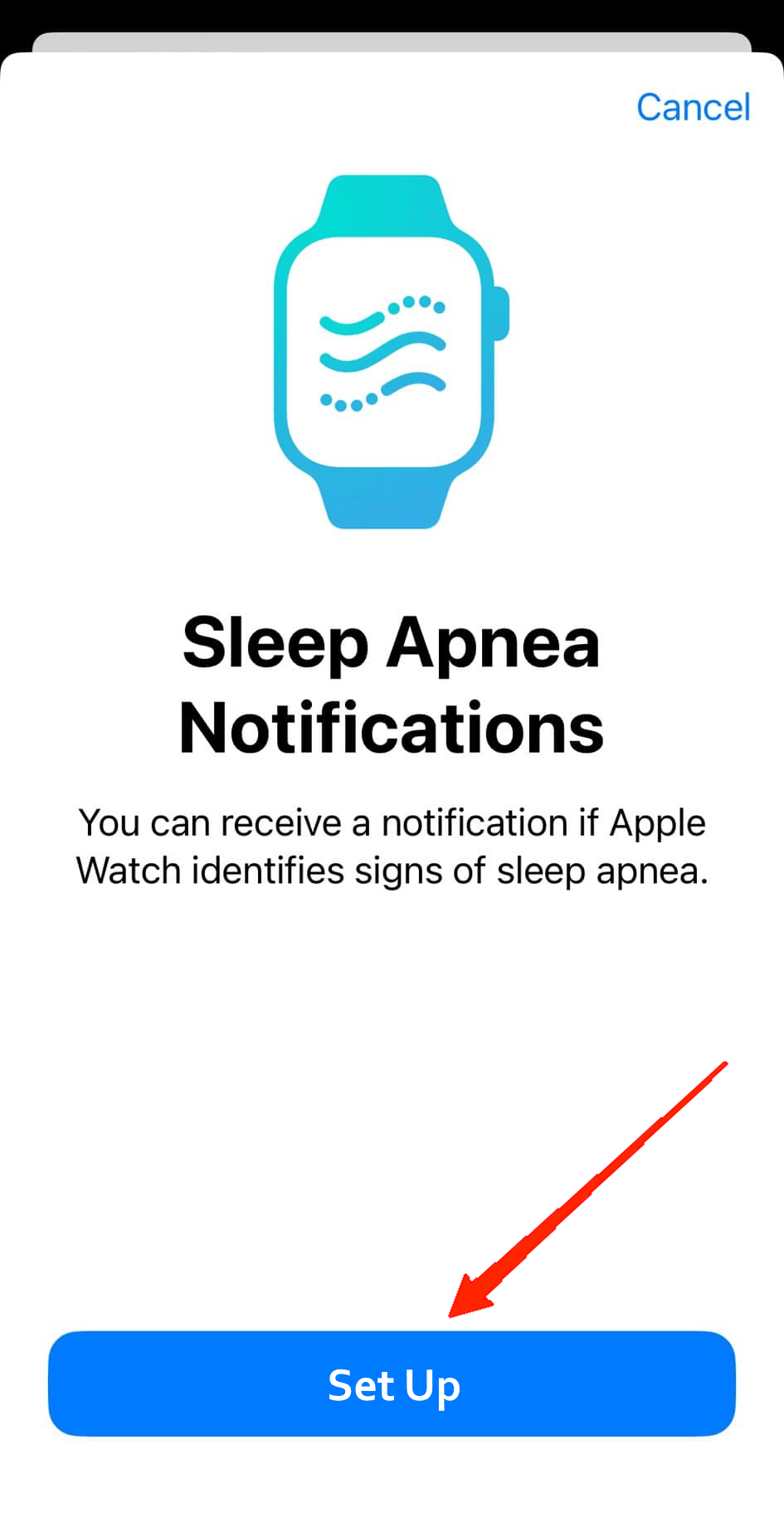 Selecciona Configurar en la pestaña de notificaciones de apnea del sueño.