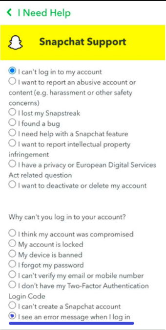 Contatta il supporto Snapchat - Codice di supporto Snapchat C14A