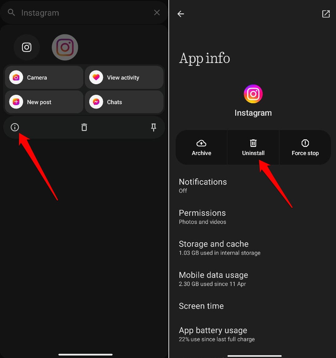 disinstalla Instagram da Android