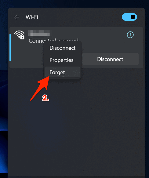 Oublier le WiFi depuis le Centre d'Action