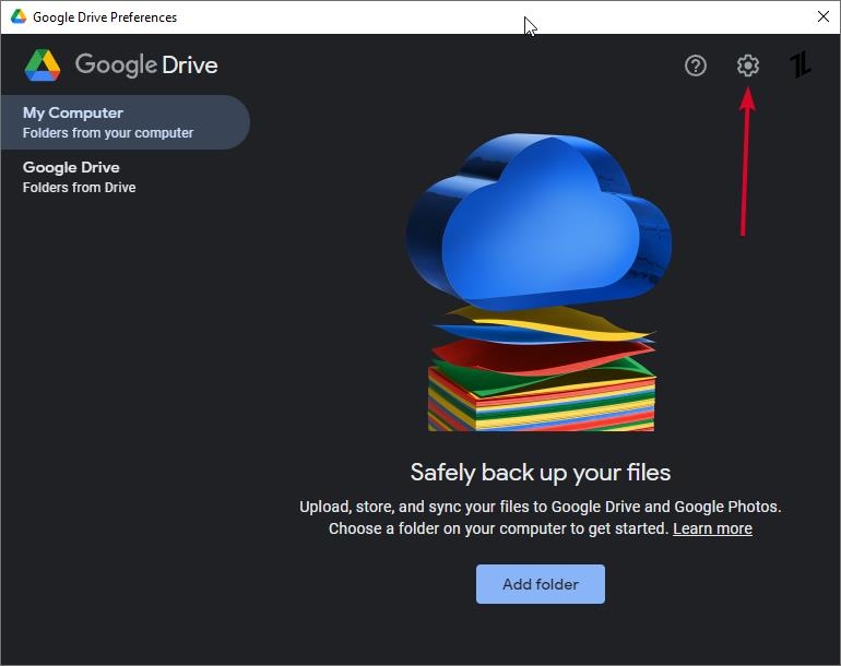 Ícone de Engrenagem do Google Drive - Erro ‘Não é possível iniciar o Drive para Desktop’