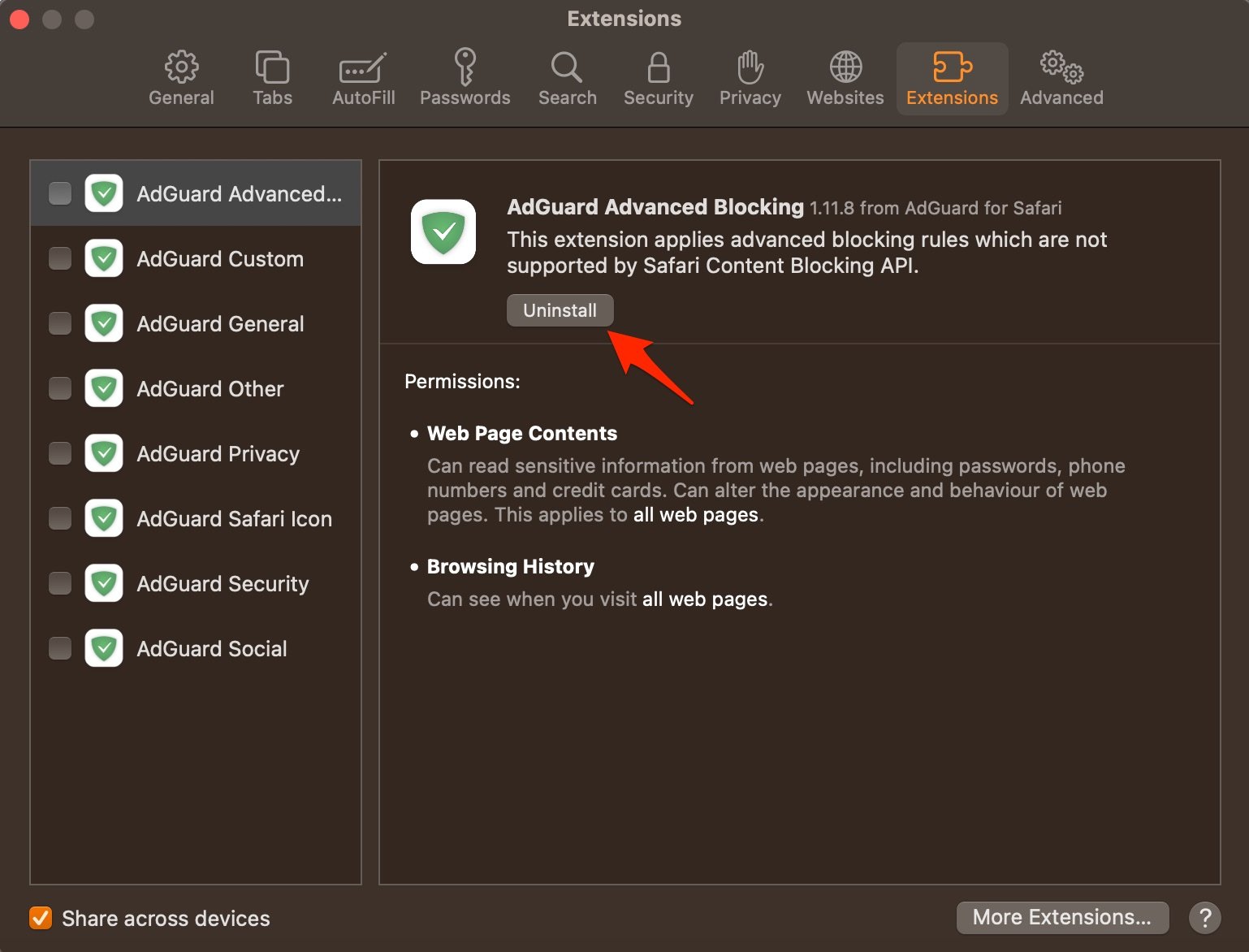 Désinstaller l'extension Safari