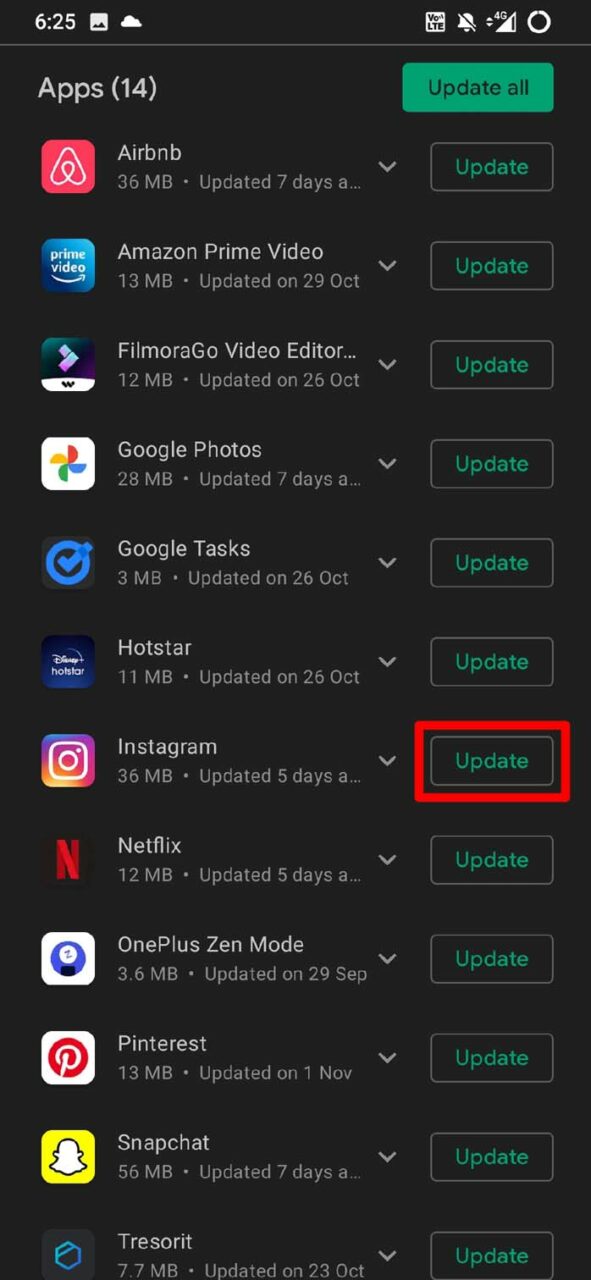 aggiorna l'app Instagram