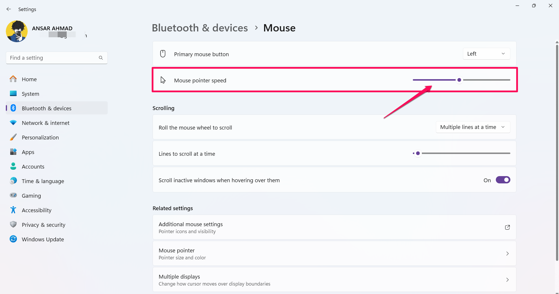 Cambia la sensibilità del mouse utilizzando il cursore