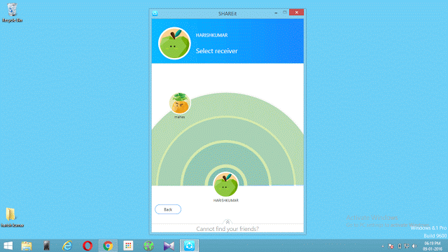Screenshot der SHAREit-App auf dem PC, der den Namen des Empfängers zeigt. Klicken Sie darauf, um die Übertragung zu beginnen.