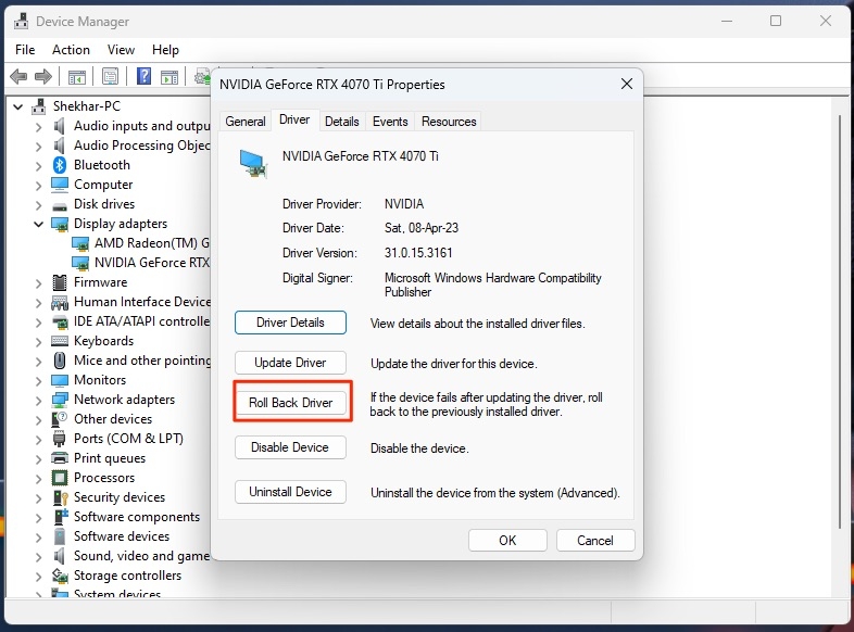 Revertir controlador gráfico - Error de inicio del controlador de pantalla de Nvidia