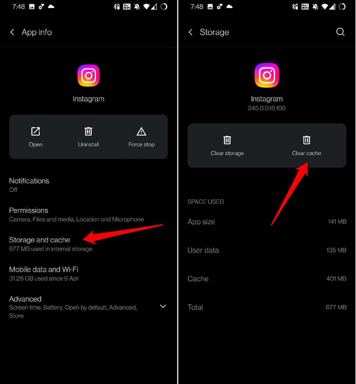 limpar cache do instagram