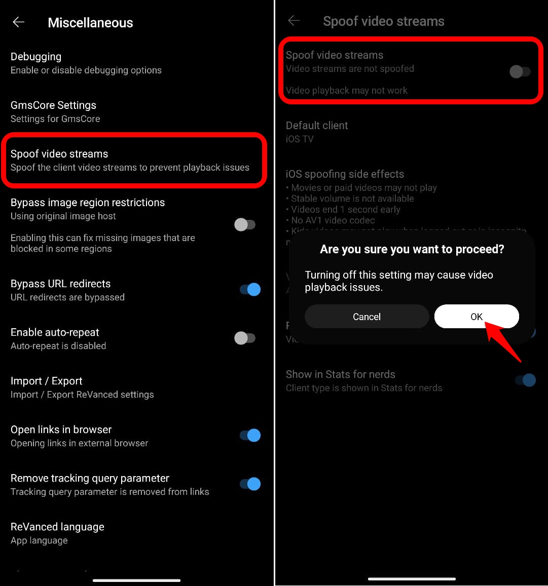 YouTube Revancedでスプーフ動画ストリームを無効にする
