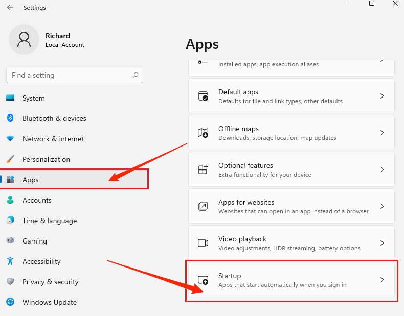 Impostazioni delle app di avvio di Windows 11