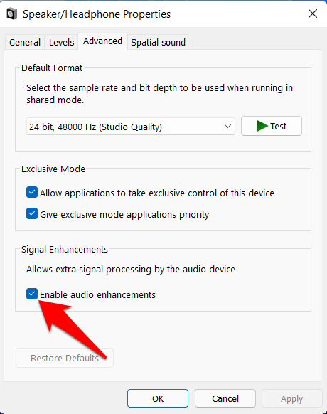 desactivar mejora de audio windows 11