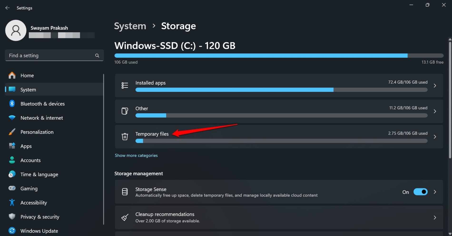 File temporanei di Windows 11