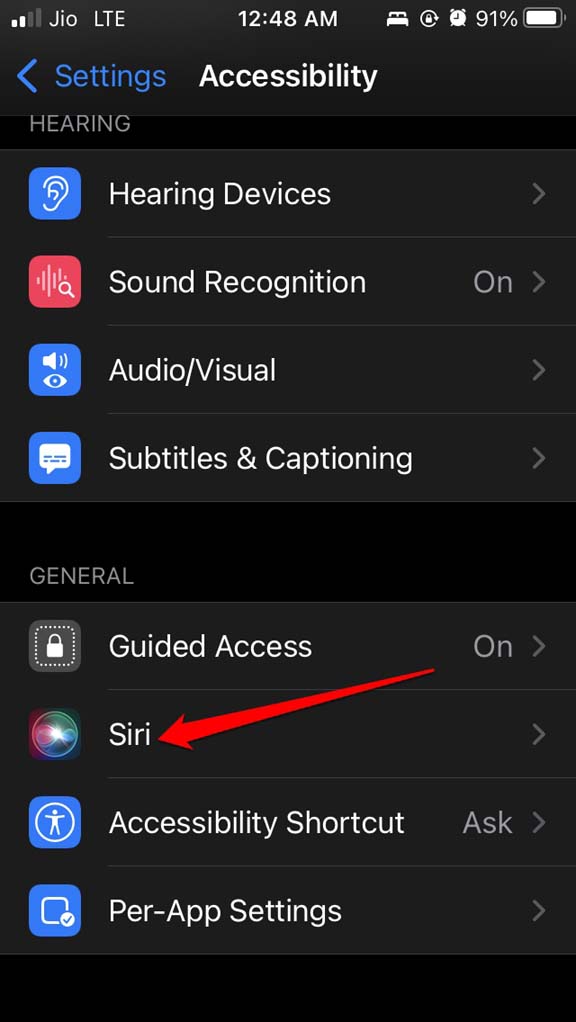 configurações de acessibilidade do Siri