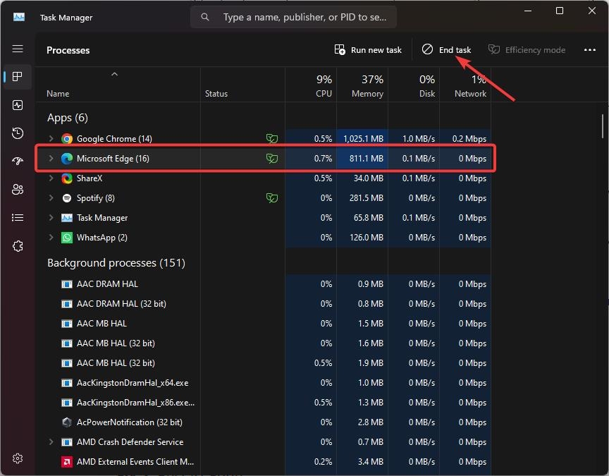 Gerenciador de Tarefas Finalizar MS Edge - Janela do Servidor DDE