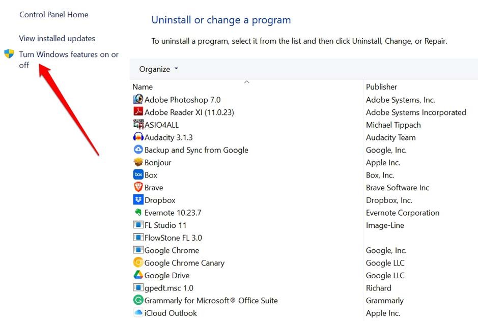 attiva o disattiva funzionalità di Windows