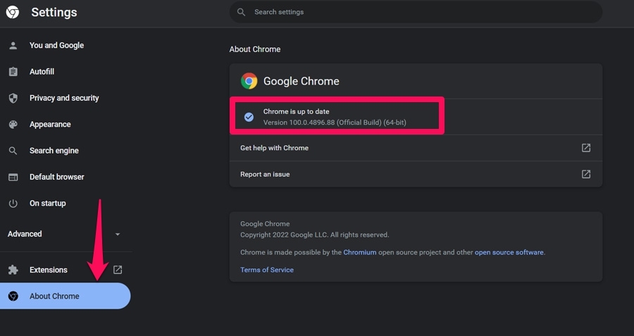 Gehen Sie zu Über Chrome, um nach Updates zu suchen