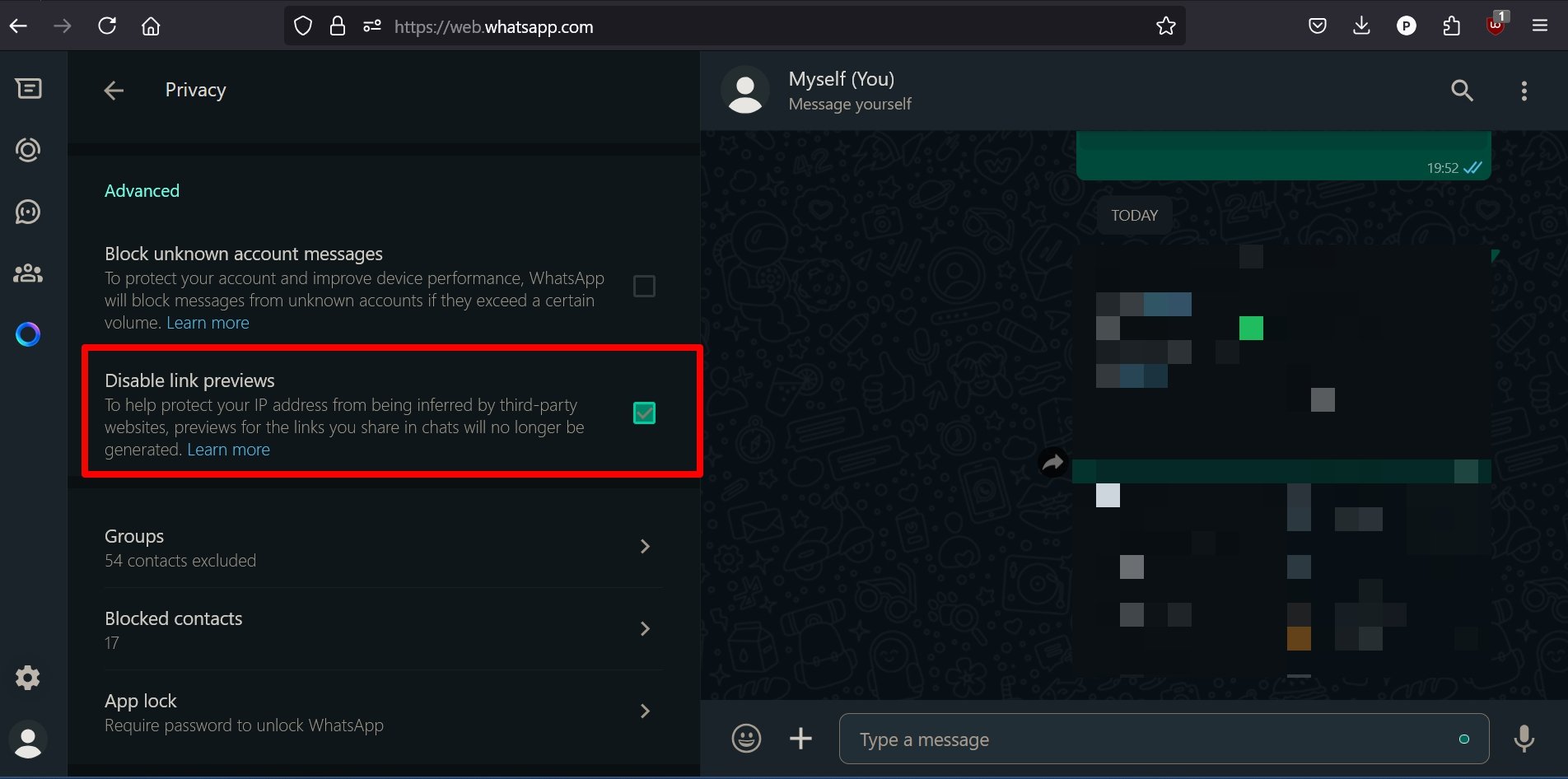 disattiva anteprime dei link in WhatsApp web