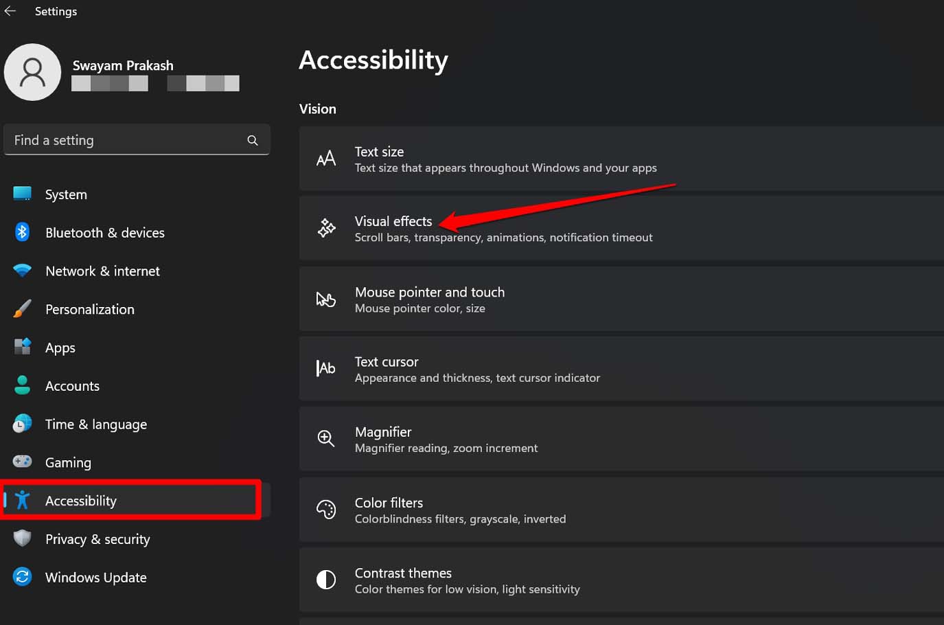 configurações de efeitos visuais