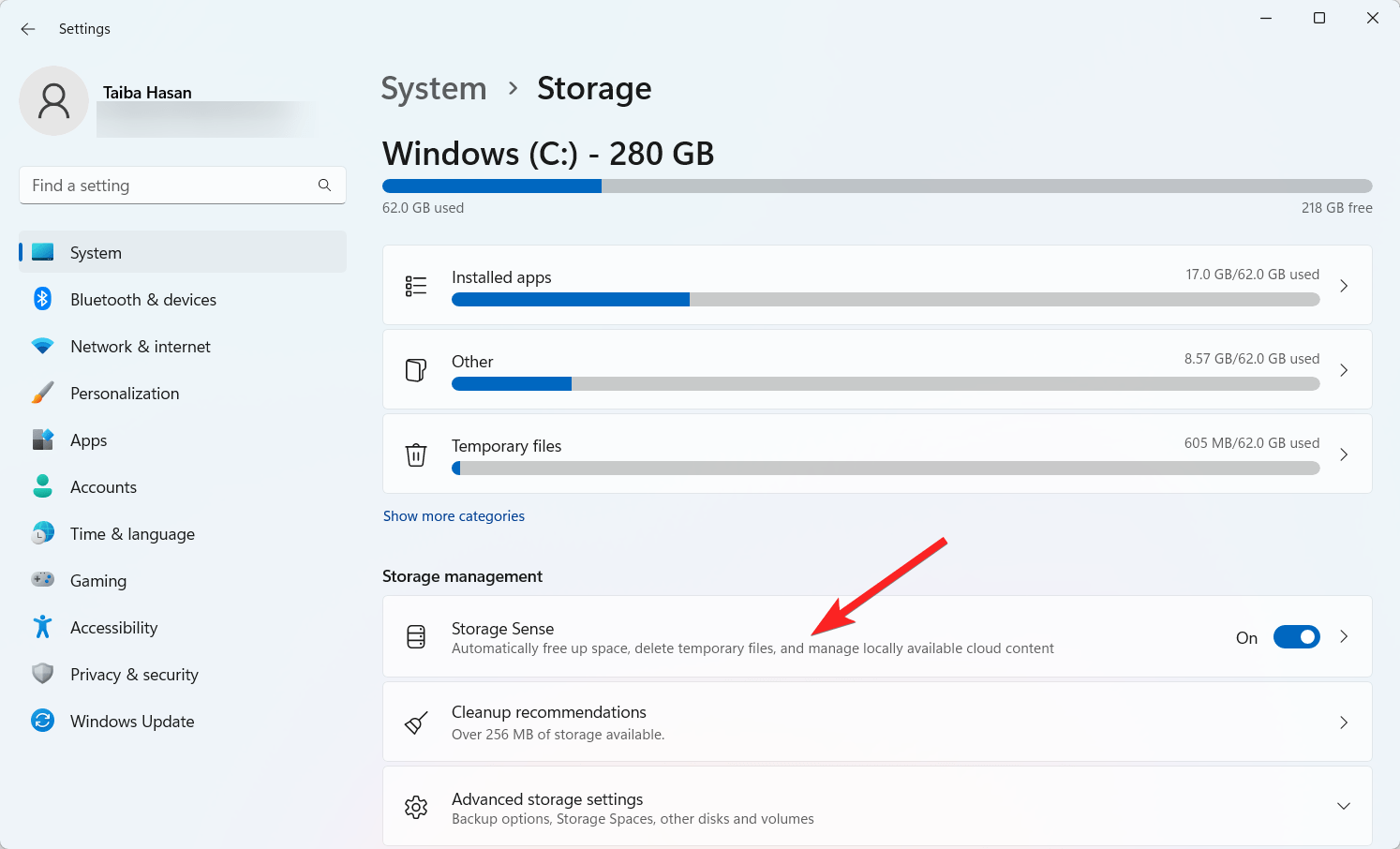 Sélectionnez l'option Storage Sense