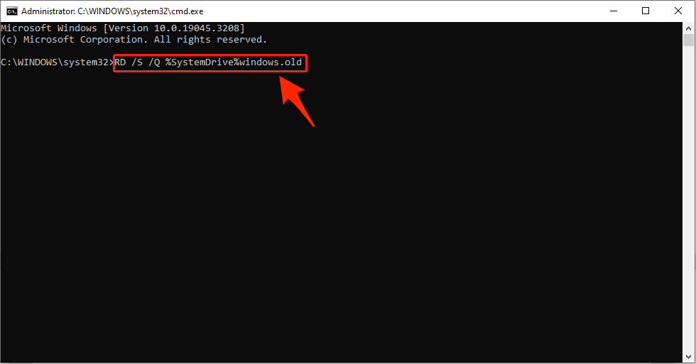 Digita RD /S /Q %SystemDrive%windows.old e premi Invio