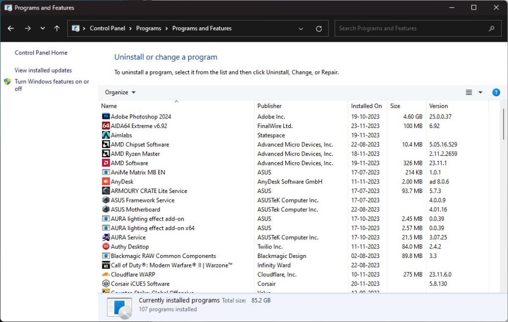 Control Panel Uninstall a program - Driver Overran Stack Buffer Error