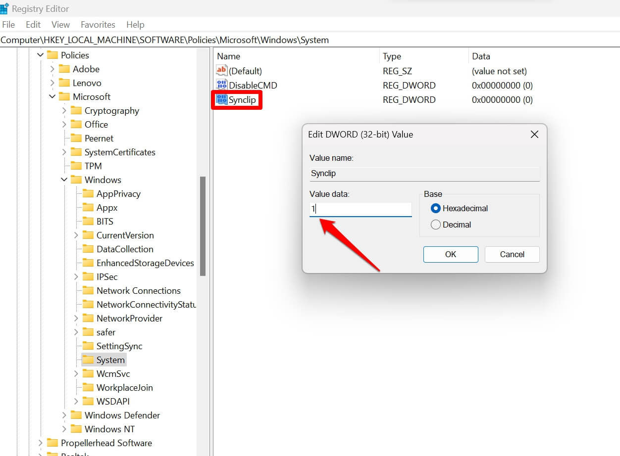 abilitare la sincronizzazione degli appunti utilizzando il registro di Windows