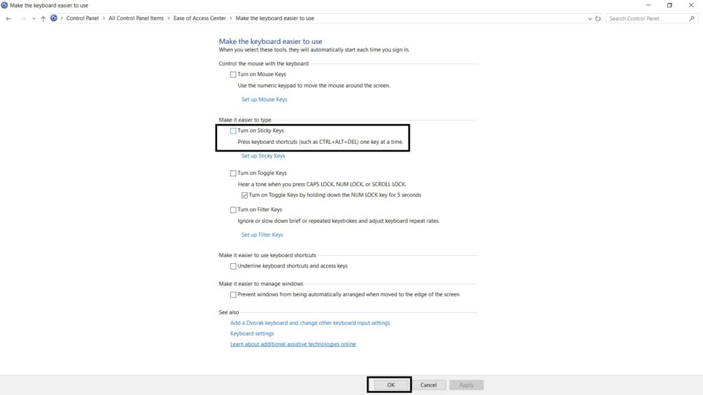 Turn Off Sticky Keys