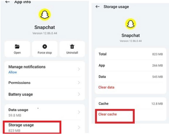 Cancella la cache dell'app Snapchat - Codice di supporto Snapchat C14A