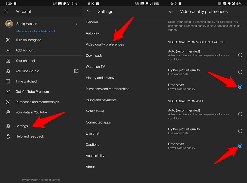 sélectionner le mode d'économie de données dans l'application youtube android