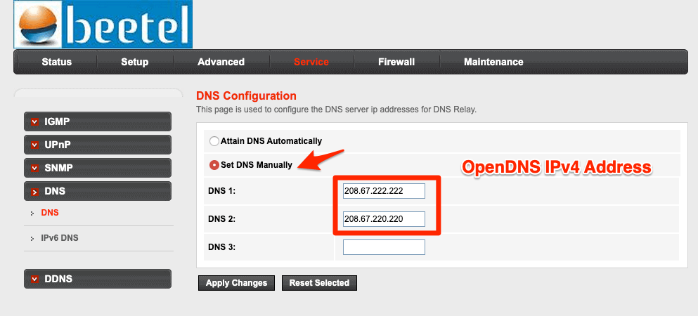 OpenDNS IPv4 주소가 있는 네트워크 라우터 DNS 설정