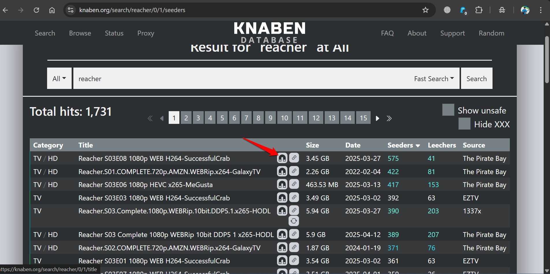 Torrent-Magnetlink von der Knaben-Datenbank herunterladen