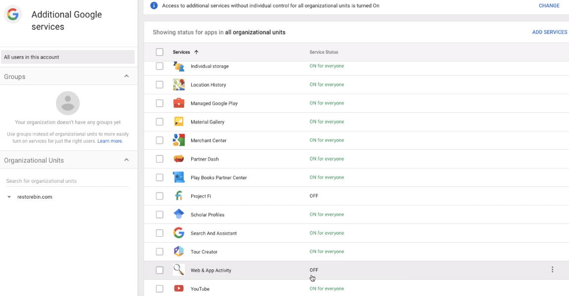 Actividad en la Web y en las Aplicaciones en G Suite Admin