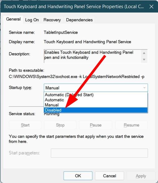 Deaktivieren der Dienste für die Touch-Tastatur und das Handschriftpanel