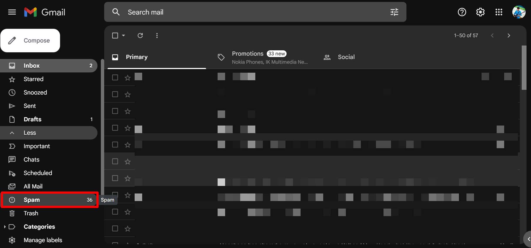 acceder a la carpeta de Spam en Gmail
