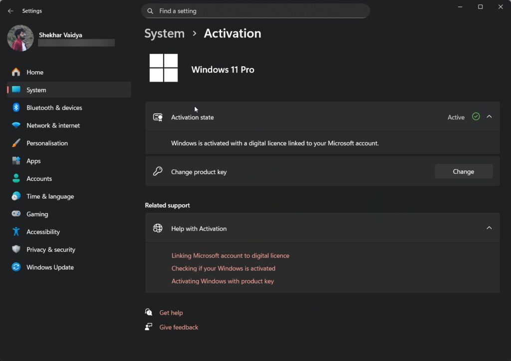Estado de activación a través de la configuración de Windows