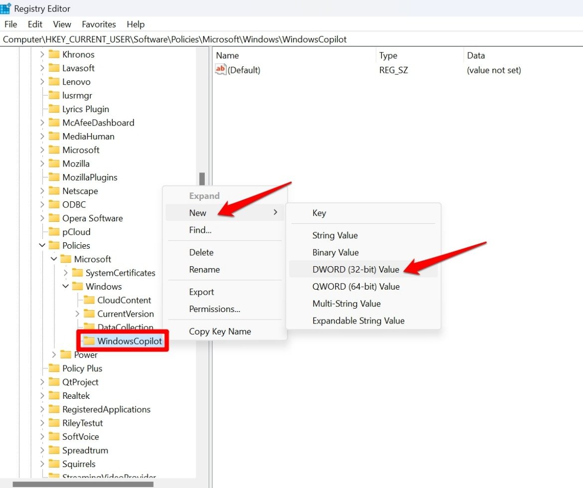 crea un valore dword nel registro di Windows Copilot