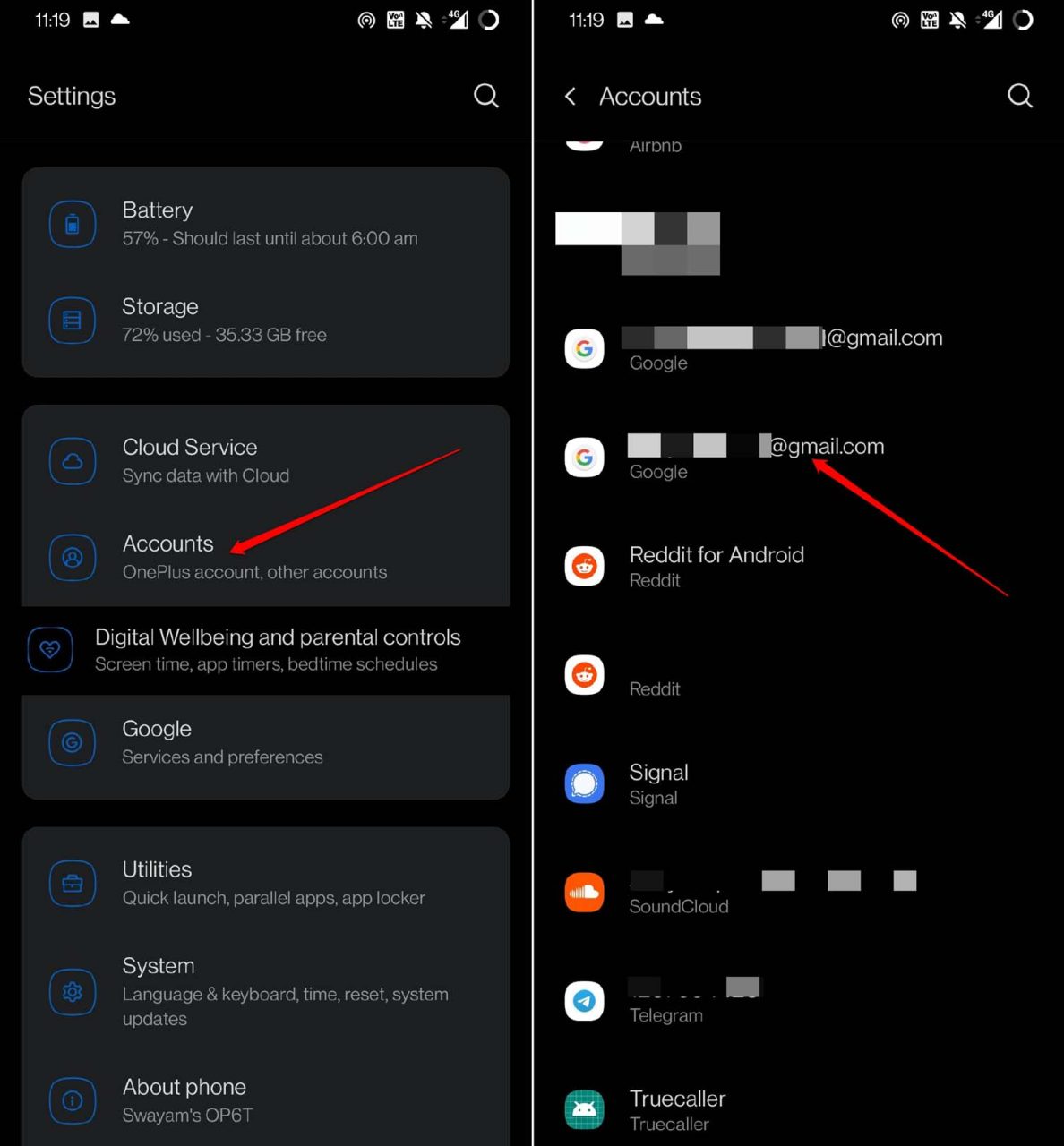 contas conectadas no dispositivo Android
